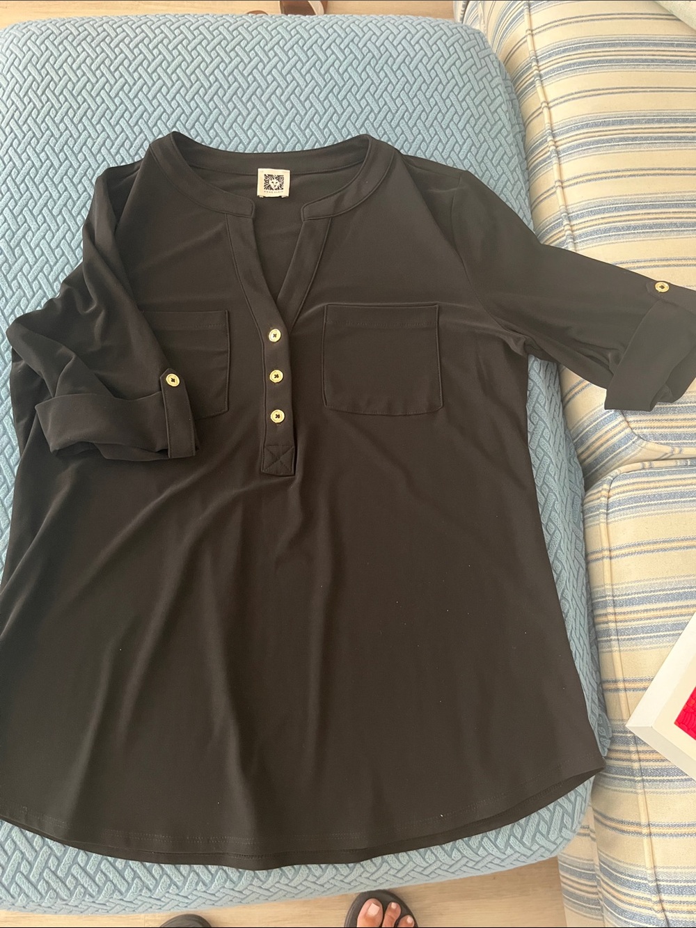 Anne Klein Black 3/4 Sleeve Top; this top is BLACK with gold buttons
